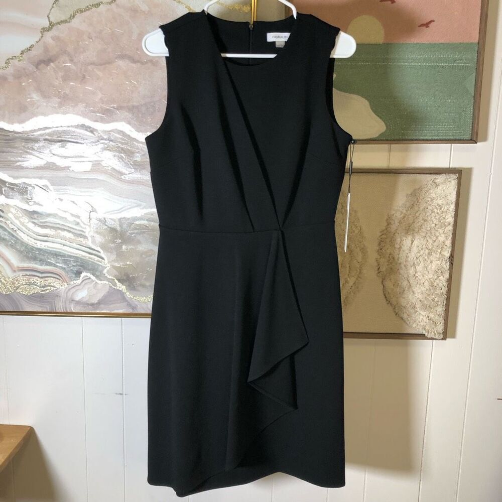 NWT Calvin Klein Womens Ruffle Jewel Neck Sleeveless Sheath Dress Black Size 8
